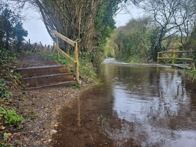 Muddy footpath with wooden steps beside a narrow country lane flooded with shallow water between hedgerows.